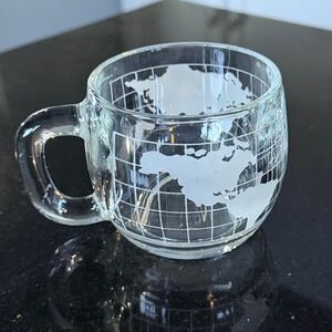 Nestle World Globe Glass Mug Coffee Tea Cup Etched Map‎